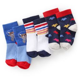 Cutewalk By Babyhug Anti Bacterial Ankle Length Socks Teddy Print Pack Of 3 - White & Blue-image-66