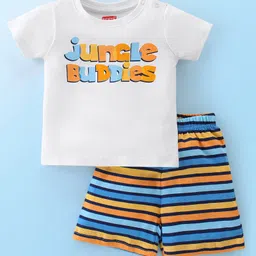 Babyhug Cotton Knit Half Sleeves Night Suit With Striped & Text Print - Multicolor-picture-18