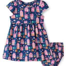 Babyhug Single Jersey Knit Cap Sleeves Frock with Bloomer All Over Printed - Wine-image-60
