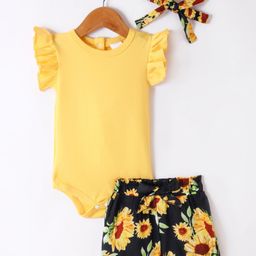 Mark & Mia Frill Sleeves Onesie with Floral Printed Shorts & Headband - Yellow-image-3