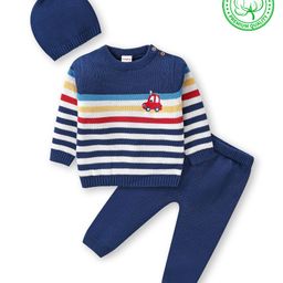 Babyhug Organic Cotton Knit Full Sleeves Sweater Set with Cap Stripes & Car Design - Navy Blue-image-50