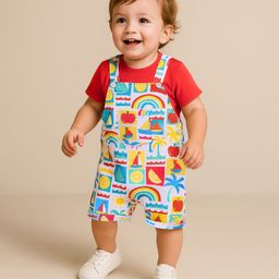 Babyhug Single Jersey Knit Dungaree & Half Sleeves T-Shirt with Boat Print -  Multiolour-image-75
