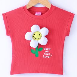 Little Kangaroos 100% Cotton Half Sleeves T-Shirt with Floral Applique - Coral Red-picture-16