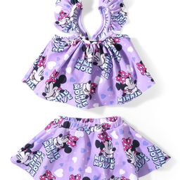 Babyhug Disney Frilled Sleeves Two Piece Swimsuit With Minnie Mouse Print - Purple-image-29