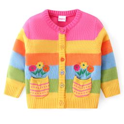 Babyhug Knitted Full Sleeves Front Open Sweater With Floral Design - Multicolour-image-28