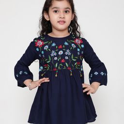 ISHTI Rayon Three Fourth Sleeves Floral Embroidered Top - Navy Blue-image-22
