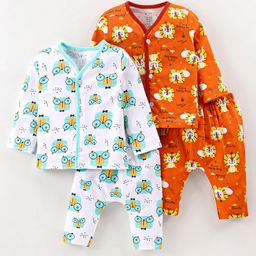 OHMS Single Jersey Knit Full Sleeves Night Suit With Animals Print Pack of 2 - Orange and White-image-23