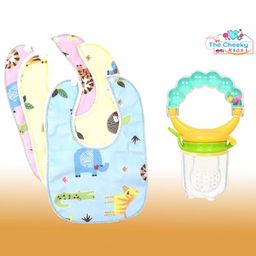 The Cheeky Kidzz Baby Food Feeder Silcone Fruit Vegetable Nibbler Rattle Soother Teether With 3 Cotton Feeding Bibs(MULTI-COLOR)-2