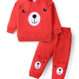 Babyhug Terry Knit Full Sleeves T-Shirt & JoggersSet with Animal Applique - Red-picture-10