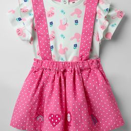 ToffyHouse Knit Half Sleeves Top & Skirt Set With Bunny Floral & Polka Dot Print - White & Pink-image-66