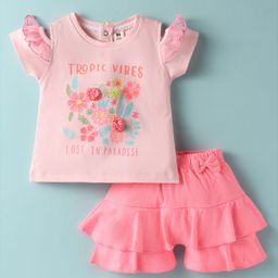 ToffyHouse Knit Half Sleeves Top & Shorts Set With Floral Print & Applique - Pink-image-64