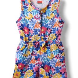 Babyhug Cotton Knit Sleeveless Jumpsuit with Floral Print - Blue-image-79