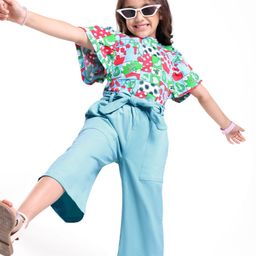 Ollington St. Cotton Knit Short SleevesTop & Culottes Set with Good Day Print - Sky Blue & Green-image-90