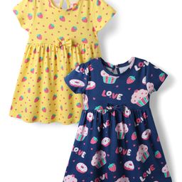 Babyhug Single Jersey Knit Half Sleeves Frocks with Tropical Print Pack of 2 - Navy Blue & Yellow-image-80