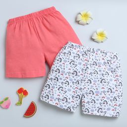 Bumzee Cotton Knit Above Knee Length Shorts with Unicorn Print Pack of 2 - Coral & White-image-72