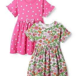 Honeyhap Premium Cotton Knit Half Sleeves Heart & Floral Printed Dresses With Bow Applique Pack of 2 - Bright White & Carmine Rose-image-20