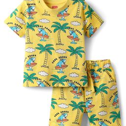 Babyhug Cotton Knit Half Sleeves Co-ords Shorts Night Suit With Beach Theme Print - Yellow-image-12