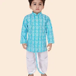 little desi Pure Cotton Full Sleeves Abstract Printed Kurta Dhoti Set - Firozi Blue-picture-39