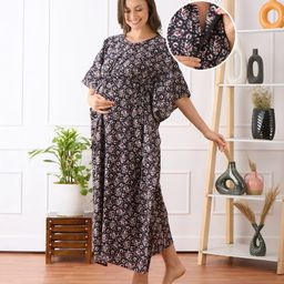 Bella Mama Cotton Woven Maternity Nursing Kaftan With Floral Print - Black-image-3