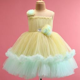 Rassha Sleeveless Floral Applique & Frill Detailed Knee Length Dress - Lemon & Pista-picture-15