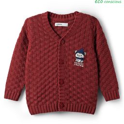 Babyoye Cotton Knit Full Sleeves Front Open Sweater with Bear Design - Dark Red-image-59