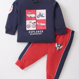 CUCUMBER Sinker Knit Full Sleeves T-Shirt & Lounge Pant Set With Vehicle Print - Navy Blue & Red-image-52