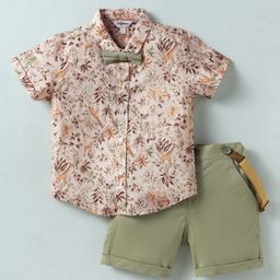 ToffyHouse Poplin Woven Half Sleeves Floral Printed Shirt & Shorts With Bow & Suspender - Cream & Green-image-92