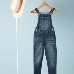 tweeny mini Denim Woven Sleeveless Washed Distressed Dungaree - Dark Blue-image-40