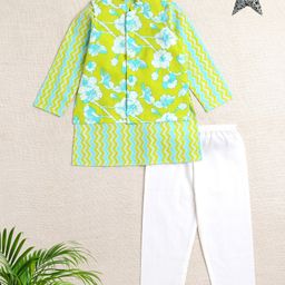 The Magic Wand Cotton Woven Full Sleeves Chevron Printed Kurta Pyjama With Jacket Set - Green-image-56