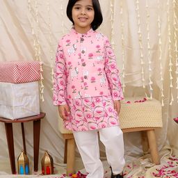 KID1 Cotton Woven Full Sleeves Lotus & Cow Printed Kurta Pyjama With Jacket - Pink-image-72