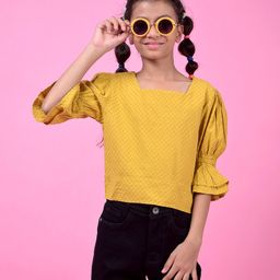 CRIMSOUNE CLUB Cotton Woven Half Bell Sleeves Self Design Top - Mustard-picture-8