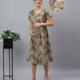Mamma's Maternity Cotton Woven Half Sleeves Abstract Printed Maternity Night Dress With Nursing Access - Brown-picture-1