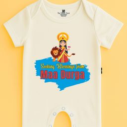 The Peppy Tend 100% Cotton Knit Durga Puja Theme Half Sleeves Seeking Blessings From Maa Durga Text Printed Romper - White-picture-24