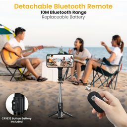 Portronics POR-2840 Lumistick Mini Extendable Multifunctional 3-in-1 Selfie Sticks with Wireless Detachable Bluetooth Remote & Tripod Stand,Portable Selfie Stick for iPhone & Android Mobiles(Black) image 2