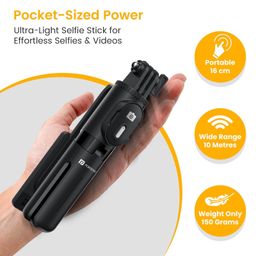 Portronics POR-2840 Lumistick Mini Extendable Multifunctional 3-in-1 Selfie Sticks with Wireless Detachable Bluetooth Remote & Tripod Stand,Portable Selfie Stick for iPhone & Android Mobiles(Black) image 5