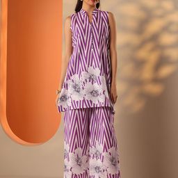 Libas Printed Mandarin Collar Sleeveless Tunic With Palazzos Co-Ords-48