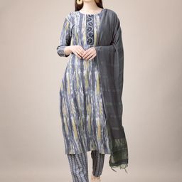 KAYOMMI Abstract Printed Regular Thread Work Straight Kurta with Churidar & Dupatta-19