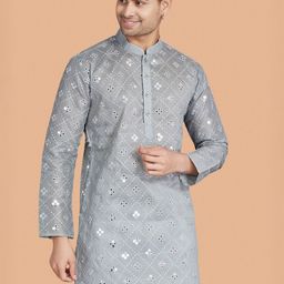 PulseIQ Geometric Embroidered Mandarin Collar Mirror Work Straight Kurta-image-50