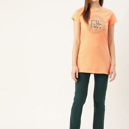 Sweet Dreams Women Peach-Coloured & Green Printed Pure Cotton Night Suit-image-16