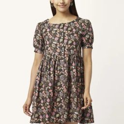 Akkriti by Pantaloons Grey Cotton Floral Print A-Line Dress-image-35