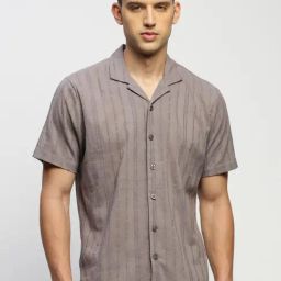 SHOWOFF Grey Slim Fit Striped Shirt-image-52