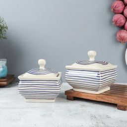 VarEesha Parikrama Blue & White Ceramic Small Square Bowl With Lid (0.2 L) - Set of 2-6
