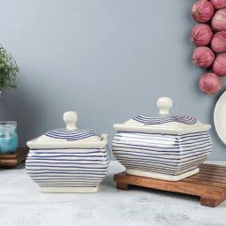 VarEesha Parikrama Blue & White Ceramic Large Square Bowl With Lid (0.45 L) - Set of 2-7