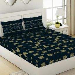 Spaces Ikkat Geometric Blue 144 TC Cotton King Fitted sheet with 2 Pillow Covers-image-1