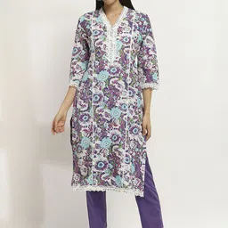 Rangriti Women Floral Printed Regular Pure Cotton Kurta with Trousers-28