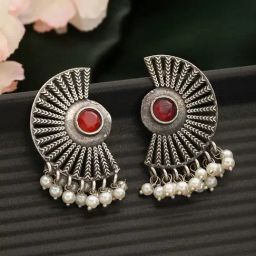 Aatmana Red & Oxidized Silver-Toned Contemporary Stud Earrings-35