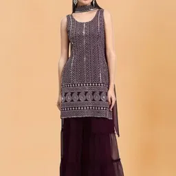 PARROT CREATION Women Embroidered Regular Sequinned Kurti with Sharara & With Dupatta-46