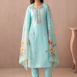 Indo Era Floral Embroidered Notch Neck Straight Kurta With Trouser And Dupatta-image-81