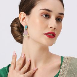 fabula Engraved Jaipur Stones Studded Geometric Drop Earrings-5