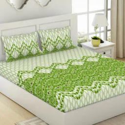 Spaces Ikkat Chevron Green 144 TC Cotton King Bedsheet with 2 Pillow Covers-image-20
